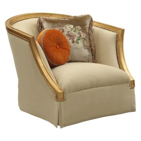 41 Inch Modern Fabric Curved Accent Chair, 2 Accent Pillows, Gold, Beige