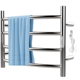 VEVOR Heated Towel Rack, 4 Bars Curved Design, Mirror Polished Stainless Steel Electric Towel Warmer with Built-in Timer, Wall-Mounted for Bathroom, P