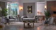 Vanessa Chair Livingroom Set in Grey and Gold with Fabric button-tufted velvet upholstery Finish
