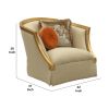 41 Inch Modern Fabric Curved Accent Chair, 2 Accent Pillows, Gold, Beige