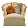41 Inch Modern Fabric Curved Accent Chair, 2 Accent Pillows, Gold, Beige