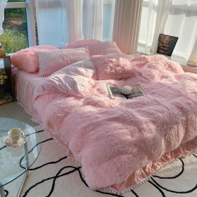 Milk Fiber Winter Mink Fur Bed Four-piece Long Wool Quilt Cover Coral Velvet Double-sided Plush Fleece-lined Quilted Bed Skirt Princess Style (Option: Pink-120cm Bed)