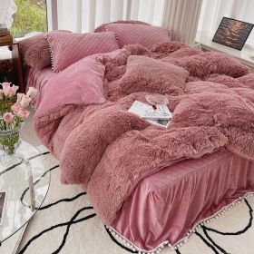 Milk Fiber Winter Mink Fur Bed Four-piece Long Wool Quilt Cover Coral Velvet Double-sided Plush Fleece-lined Quilted Bed Skirt Princess Style (Option: Red And Brown-180CM Bed A)