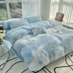 Milk Fiber Winter Mink Fur Bed Four-piece Long Wool Quilt Cover Coral Velvet Double-sided Plush Fleece-lined Quilted Bed Skirt Princess Style (Option: Colorful Sky Blue-180CM Bed A)