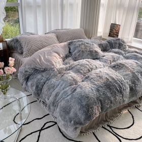 Milk Fiber Winter Mink Fur Bed Four-piece Long Wool Quilt Cover Coral Velvet Double-sided Plush Fleece-lined Quilted Bed Skirt Princess Style (Option: Gray And white-180CM Bed A)