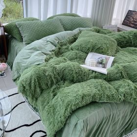 Milk Fiber Winter Mink Fur Bed Four-piece Long Wool Quilt Cover Coral Velvet Double-sided Plush Fleece-lined Quilted Bed Skirt Princess Style (Option: Green-180CM Bed A)