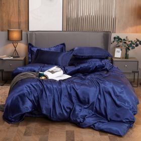 Ice Four-piece Set Cool Bare Sleeping Real Silk Quilt Cover Sheets (Option: Dark Blue-4 Style)
