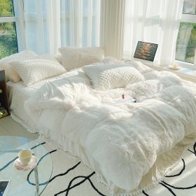 Milk Fiber Winter Mink Fur Bed Four-piece Long Wool Quilt Cover Coral Velvet Double-sided Plush Fleece-lined Quilted Bed Skirt Princess Style (Option: White-180CM Bed A)