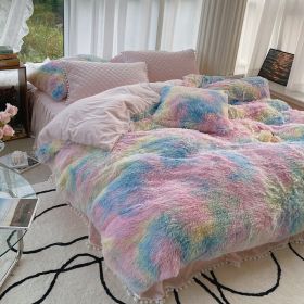 Milk Fiber Winter Mink Fur Bed Four-piece Long Wool Quilt Cover Coral Velvet Double-sided Plush Fleece-lined Quilted Bed Skirt Princess Style (Option: Blue Pink-180CM Bed A)