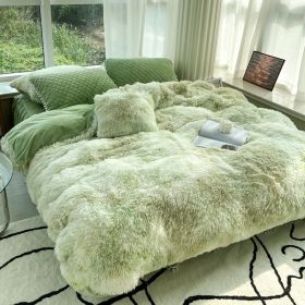 Milk Fiber Winter Mink Fur Bed Four-piece Long Wool Quilt Cover Coral Velvet Double-sided Plush Fleece-lined Quilted Bed Skirt Princess Style (Option: Colorful Green-180CM Bed A)