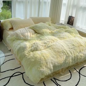Milk Fiber Winter Mink Fur Bed Four-piece Long Wool Quilt Cover Coral Velvet Double-sided Plush Fleece-lined Quilted Bed Skirt Princess Style (Option: Yellow And white-180CM Bed A)