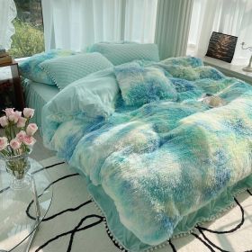 Milk Fiber Winter Mink Fur Bed Four-piece Long Wool Quilt Cover Coral Velvet Double-sided Plush Fleece-lined Quilted Bed Skirt Princess Style (Option: Blue And Green-180CM Bed A)