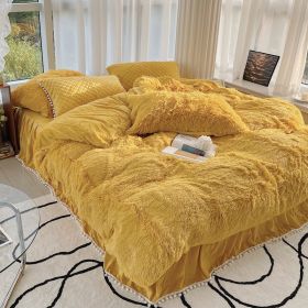 Milk Fiber Winter Mink Fur Bed Four-piece Long Wool Quilt Cover Coral Velvet Double-sided Plush Fleece-lined Quilted Bed Skirt Princess Style (Option: Yellow-180CM Bed A)