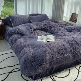 Milk Fiber Winter Mink Fur Bed Four-piece Long Wool Quilt Cover Coral Velvet Double-sided Plush Fleece-lined Quilted Bed Skirt Princess Style (Option: Purple-180CM Bed A)