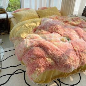 Milk Fiber Winter Mink Fur Bed Four-piece Long Wool Quilt Cover Coral Velvet Double-sided Plush Fleece-lined Quilted Bed Skirt Princess Style (Option: Reddish vellow-180CM Bed A)