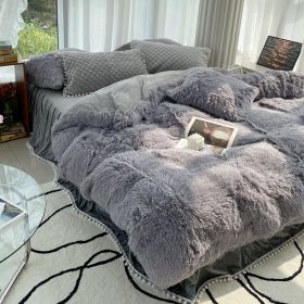 Milk Fiber Winter Mink Fur Bed Four-piece Long Wool Quilt Cover Coral Velvet Double-sided Plush Fleece-lined Quilted Bed Skirt Princess Style (Option: Gray-180CM Bed A)